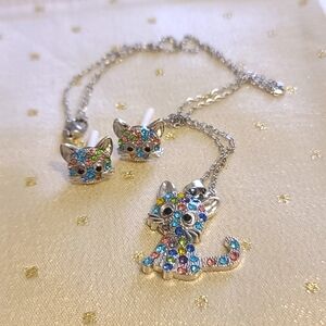 Cat Rhinestone Pendant Necklace Post Earrings Set, Sparkly Color, Adult Teen NWT